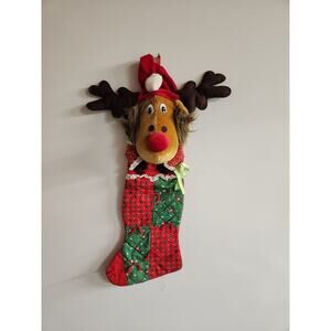 Vtg Smithy Moose Christmas Quilted Patchwork Christmas Stocking 28"
